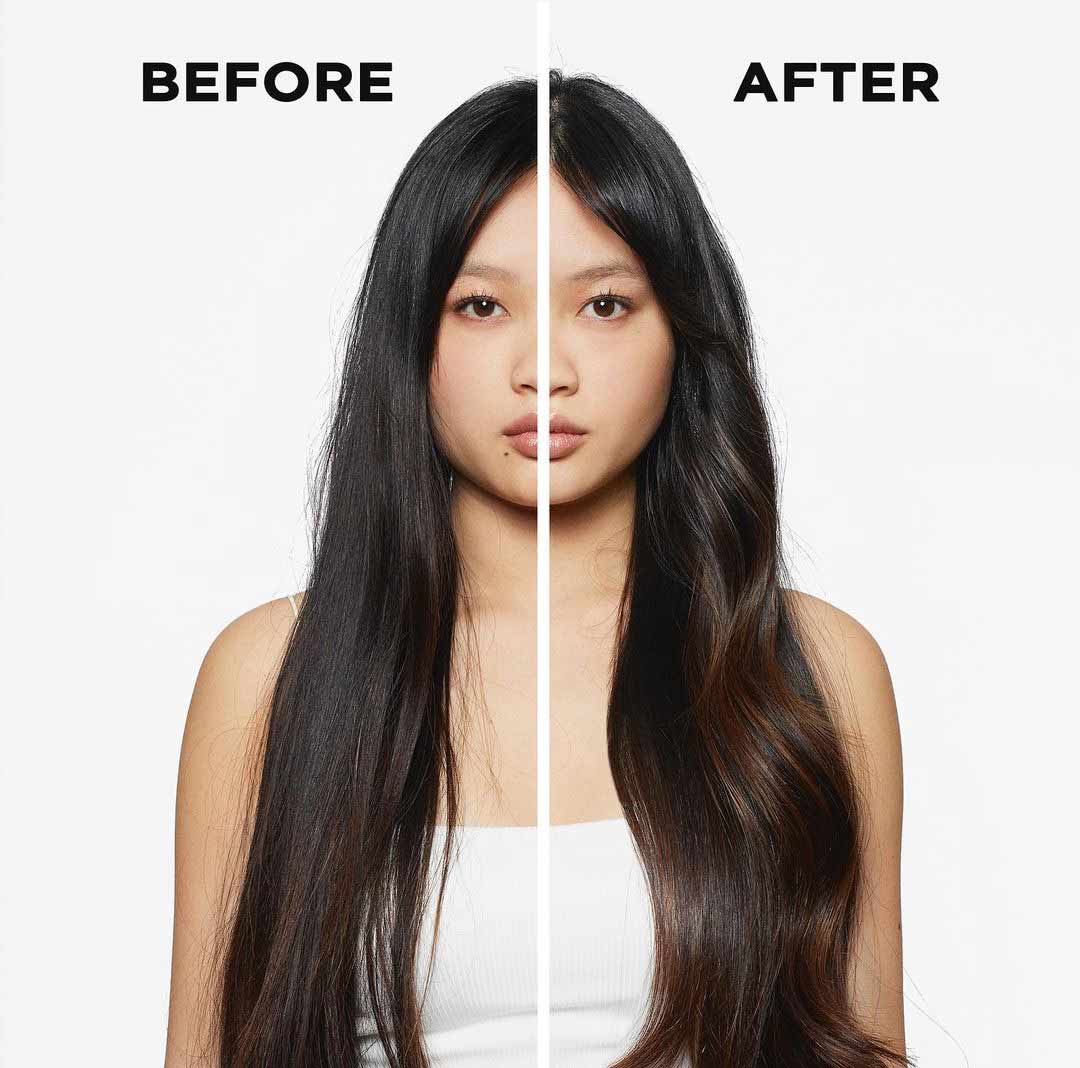 before and after photo from using a hair gloss